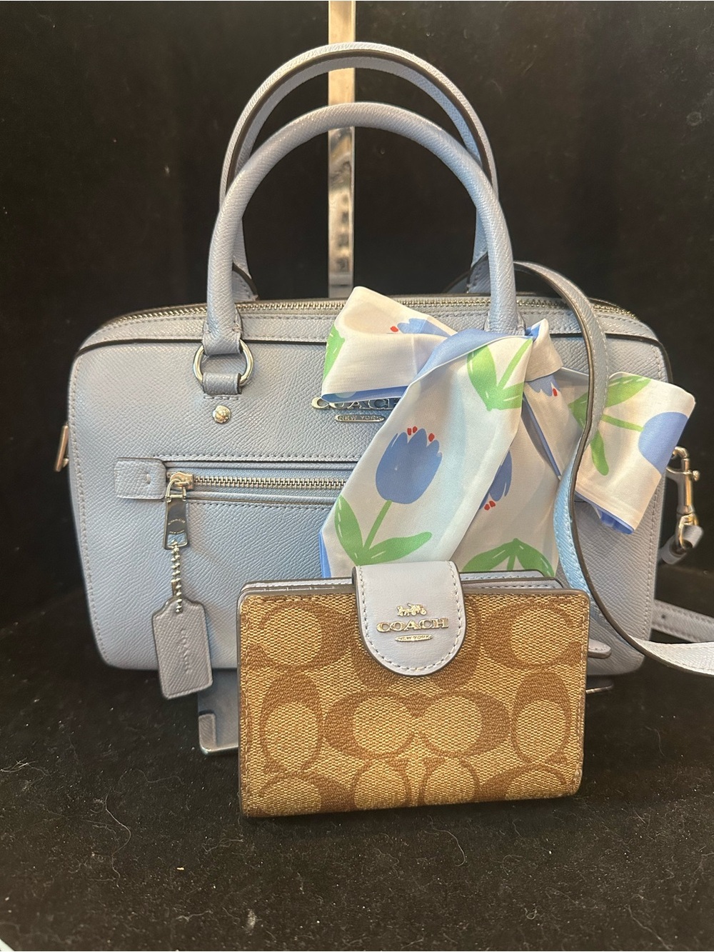 Coach #332 Rowan Light Blue Leather Satchel with Canvas Wallet Set